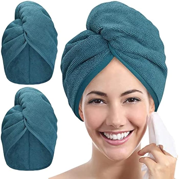 YoulerTex Microfiber Hair Towel Wrap - 2Pack Hair Head Drying Turban Curly Fast Absorbent Dry Anti Frizz Twist Plopping Long Shower Turban for Women with Button(Haze Blue) - Image 1